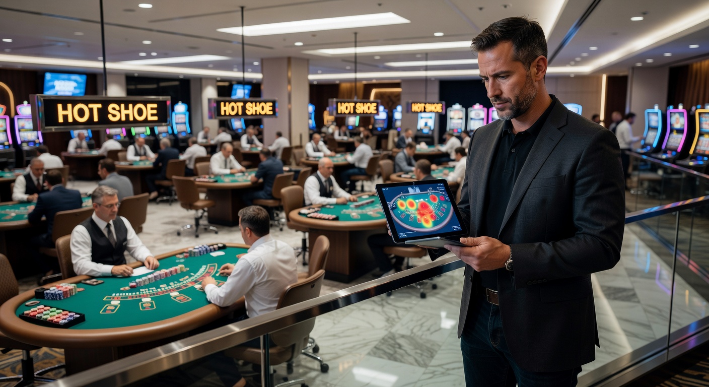 Überblick über einen belebten Casino-Boden mit mehreren Blackjack-Tischen, wo Spieler Schuhe aus der Ferne beobachten