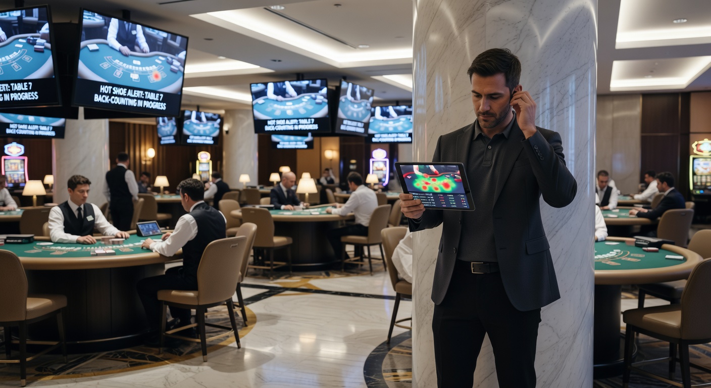 Nahaufnahme eines Blackjack-Tisches mit sichtbarem Schuh und Spielern, die Karten beobachten, inmitten eines vollen Casino-Floors