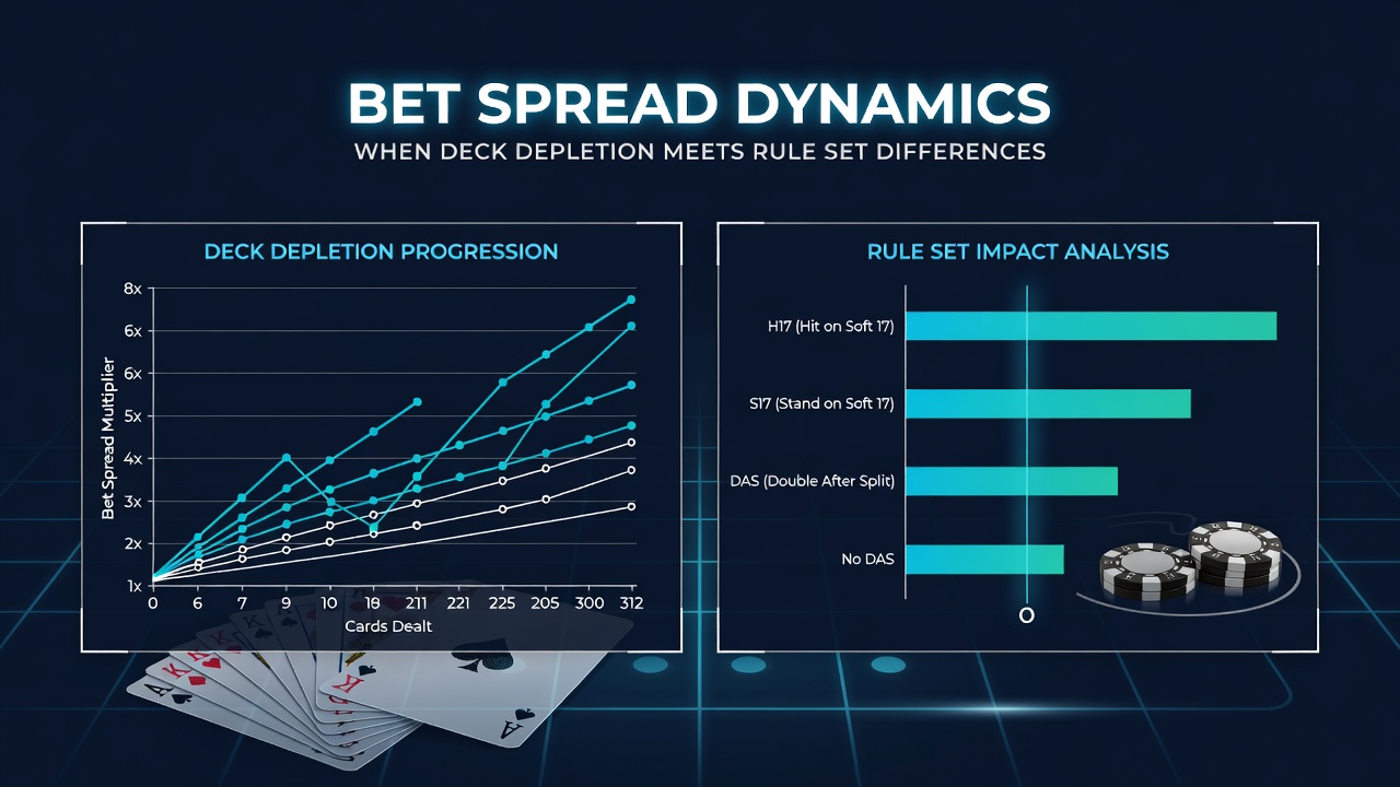 Darstellung von Bet-Spread-Dynamiken bei Deckverbrauch und Regelunterschieden im Blackjack