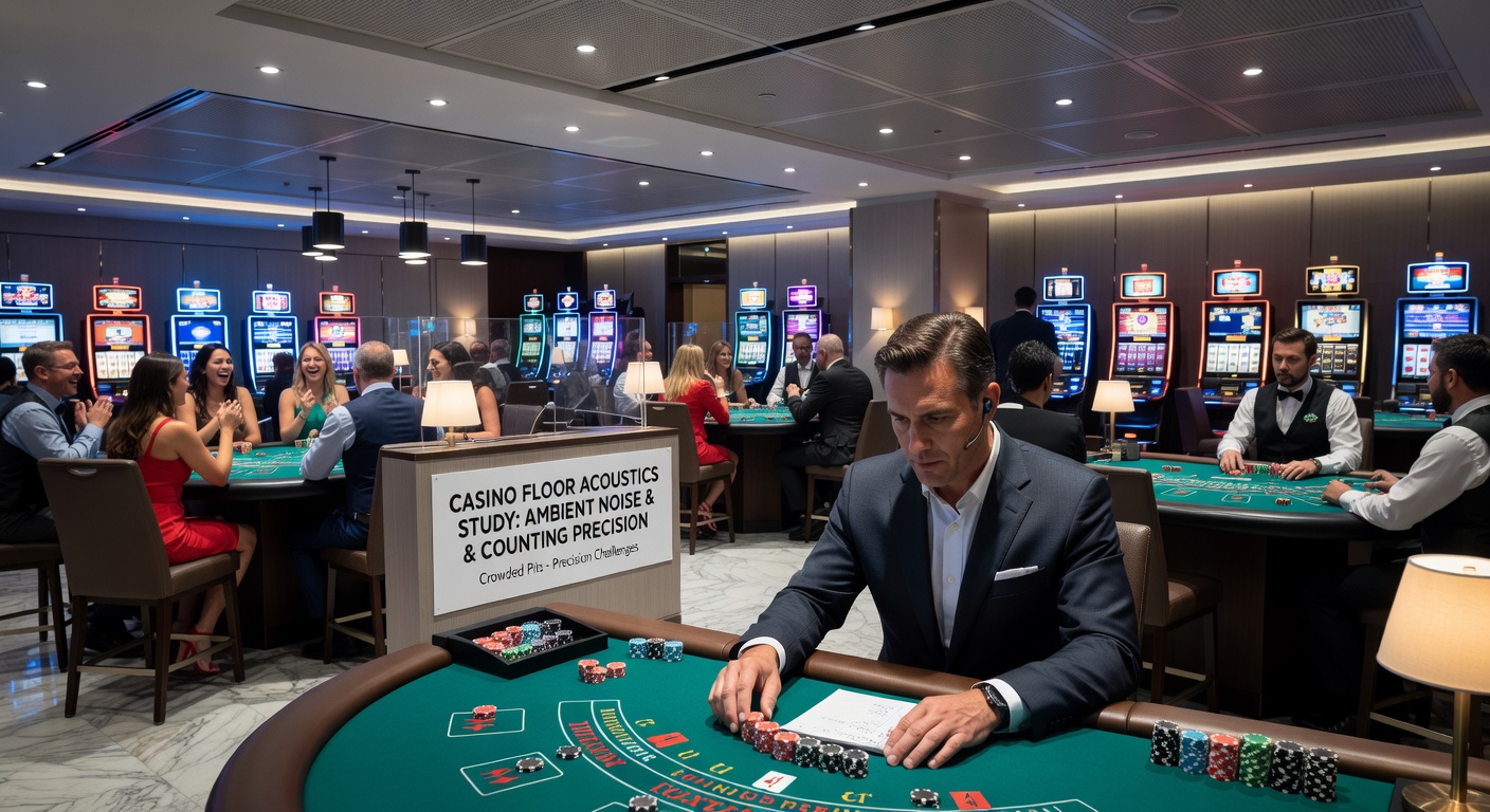 Detailaufnahme eines Blackjack-Tisches mit Spielern und akustischen Messgeräten in der Umgebung