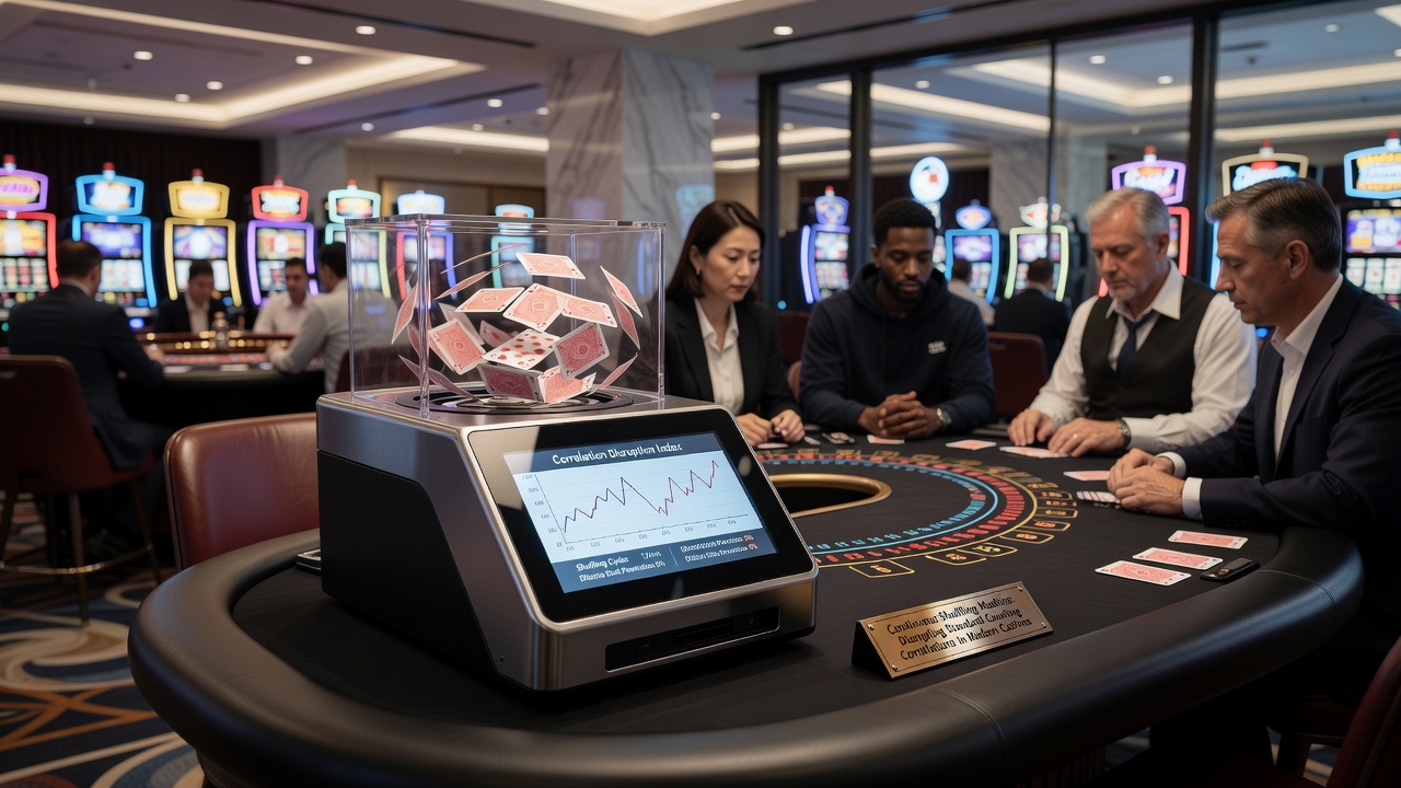 Detailansicht einer Continuous Shuffling Machine mit laufendem Kartenfluss während eines Blackjack-Spiels
