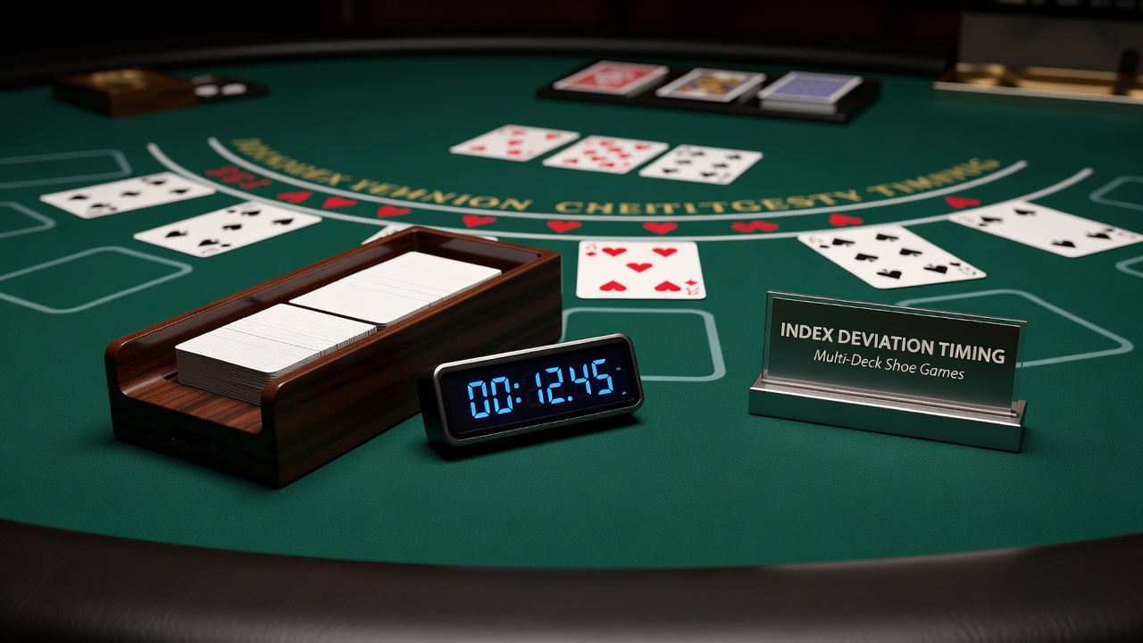 Darstellung eines Blackjack-Tisches mit Fokus auf die Handbewegungen eines Dealers in einem Multi-Deck-Schuhspiel