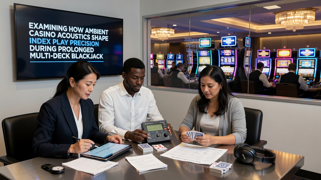 Nahaufnahme eines Blackjack-Spielers bei der Berechnung von Index-Abweichungen in einer lauten Casino-Umgebung