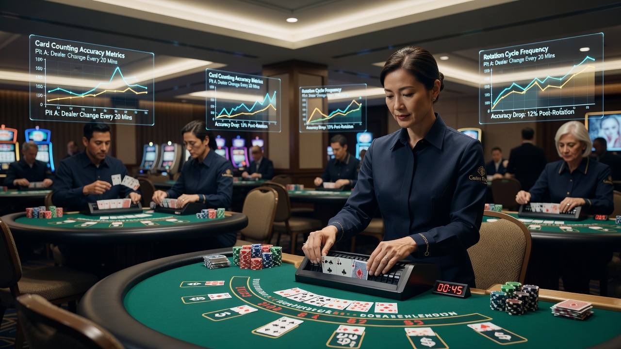 Nahaufnahme eines Blackjack-Tisches während eines Dealer-Wechsels mit Karten und Jetons