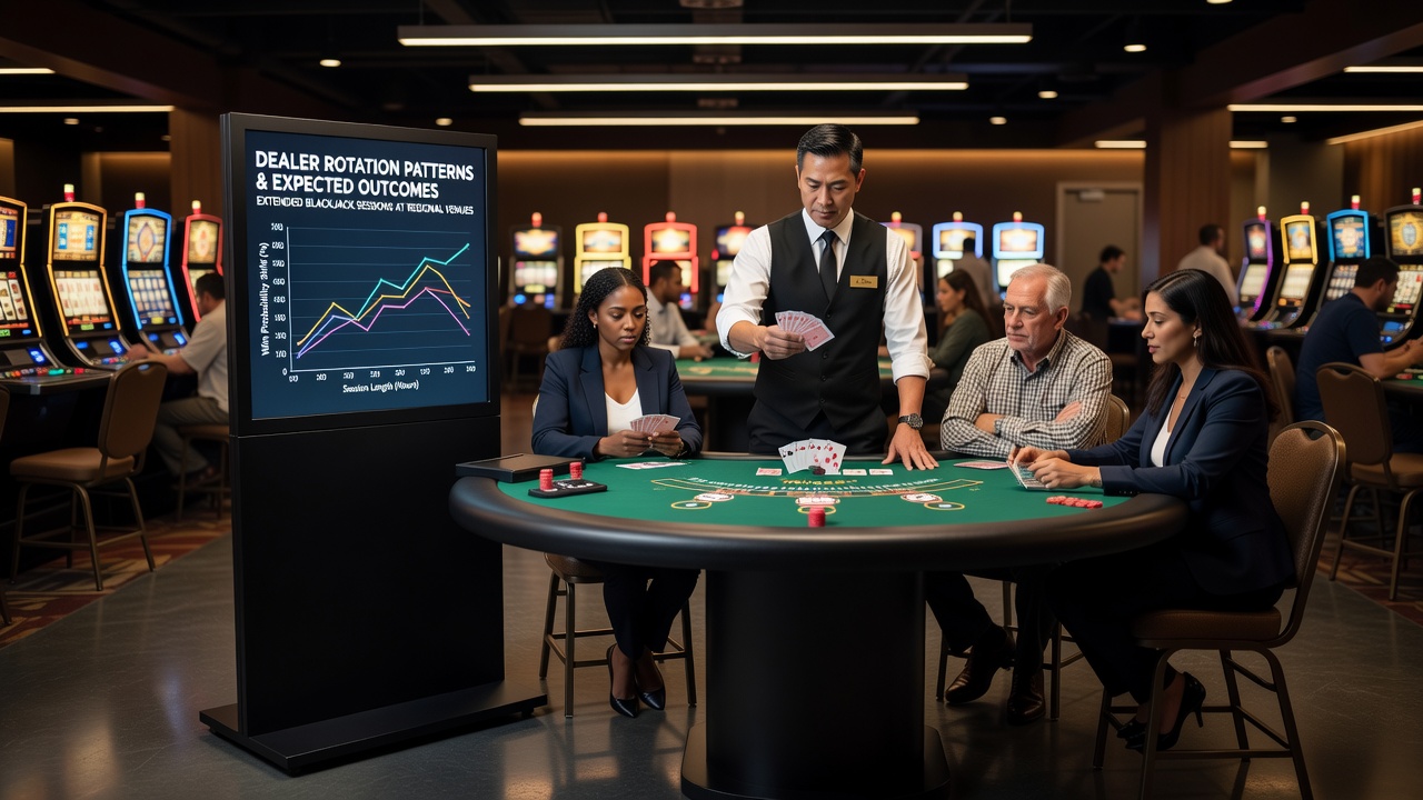 Blackjack-Tisch mit wechselnden Dealern in einem regionalen Casino während einer ausgedehnten Sitzung