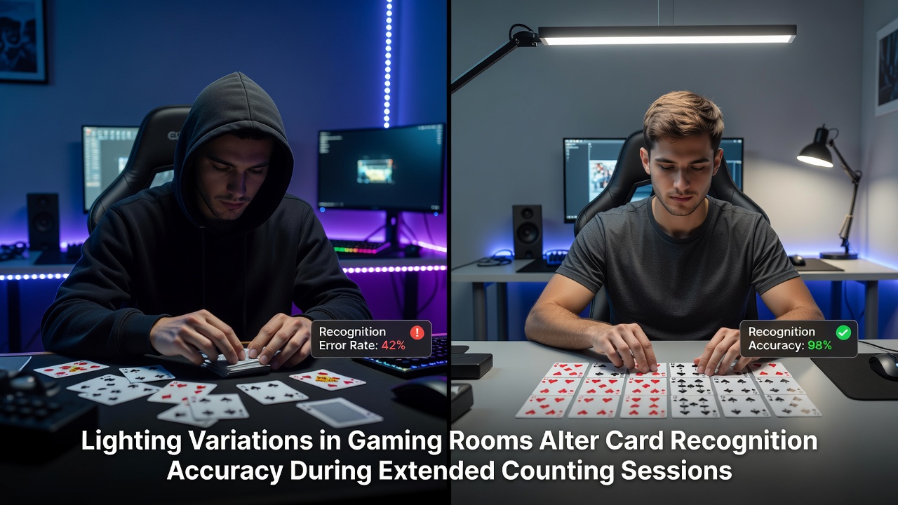 Beleuchtungsvariationen in einem Blackjack-Tischbereich mit unterschiedlichen Lichtquellen und Schatten auf den Karten