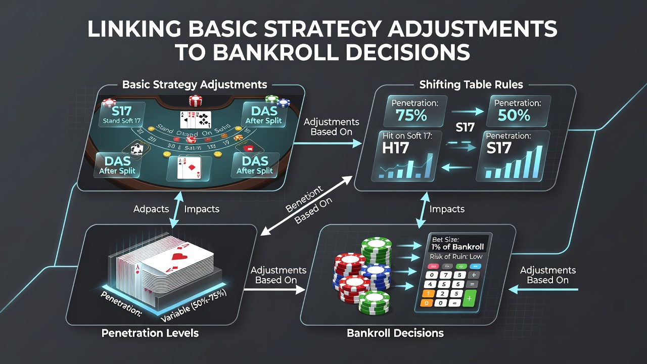 Blackjack-Tisch mit variablen Regeln und Kartenpenetration in einem Casino-Setting