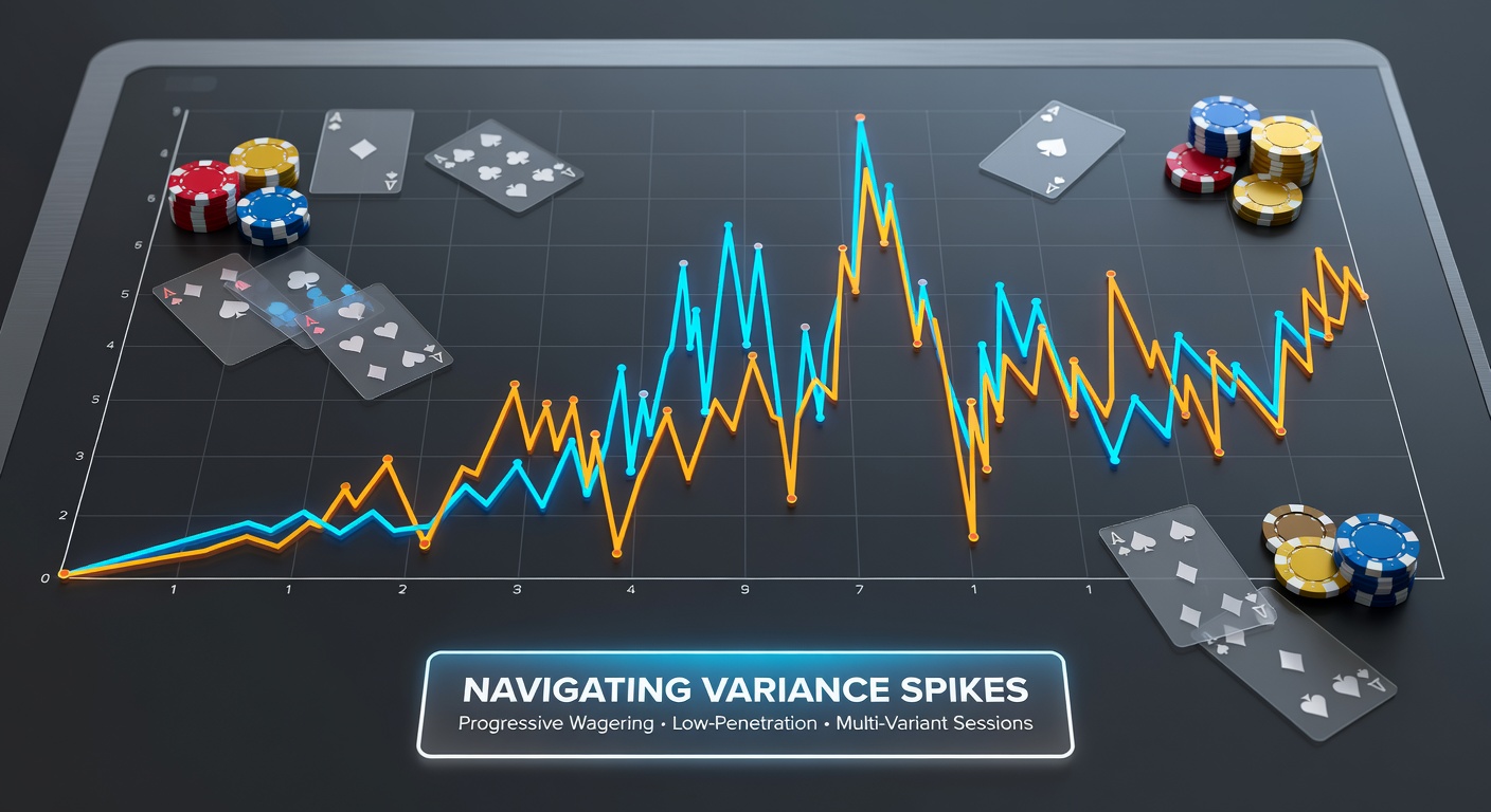 Diagramm zur Analyse von Varianzspitzen in Blackjack-Sessions mit progressivem Einsatz und geringer Penetration