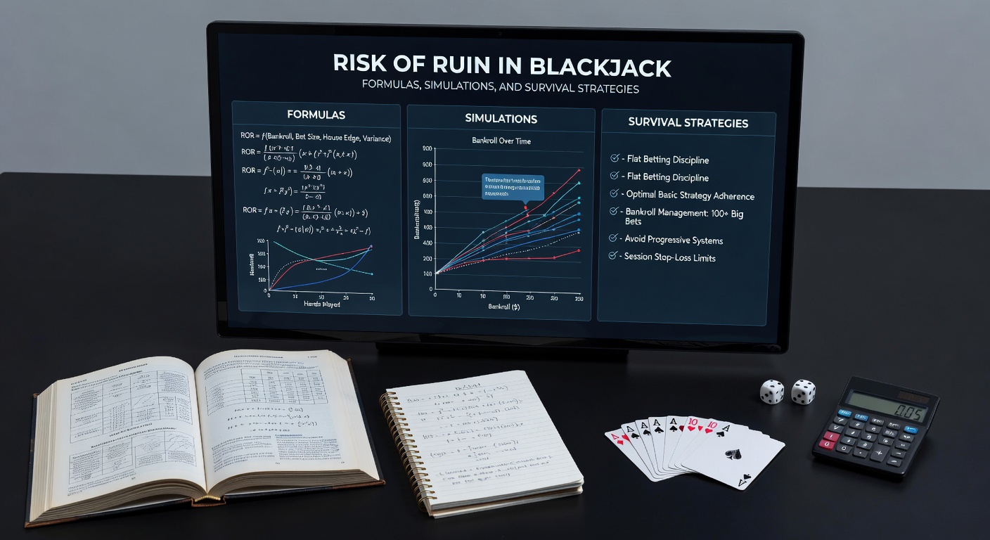 Detaillierte Simulationstabelle mit RoR-Werten für verschiedene Bankroll-Größen und Edges in Blackjack