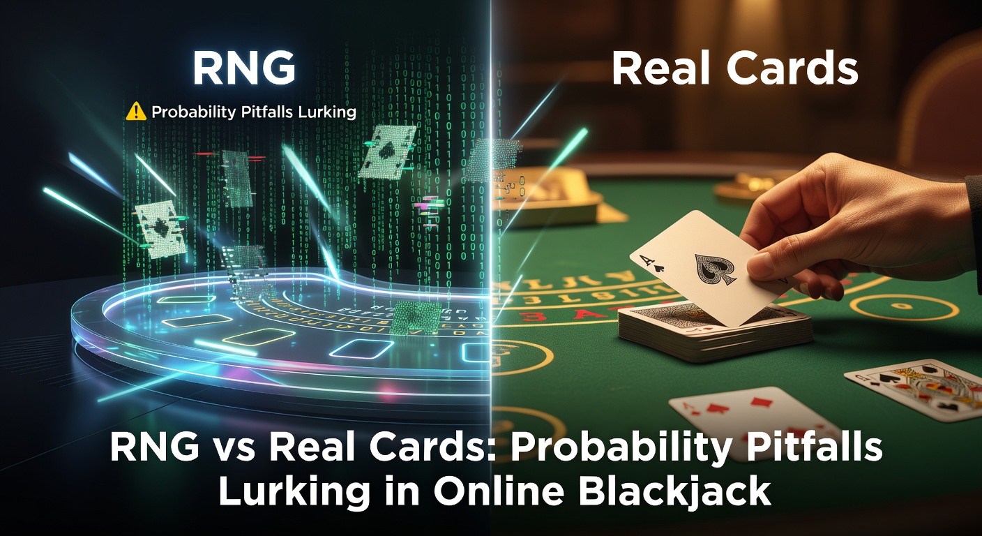 Grafische Darstellung eines virtuellen Kartendecks neben einem physischen Stapel Karten, die die Unterschiede zwischen RNG-generierten und echten Karten illustrieren