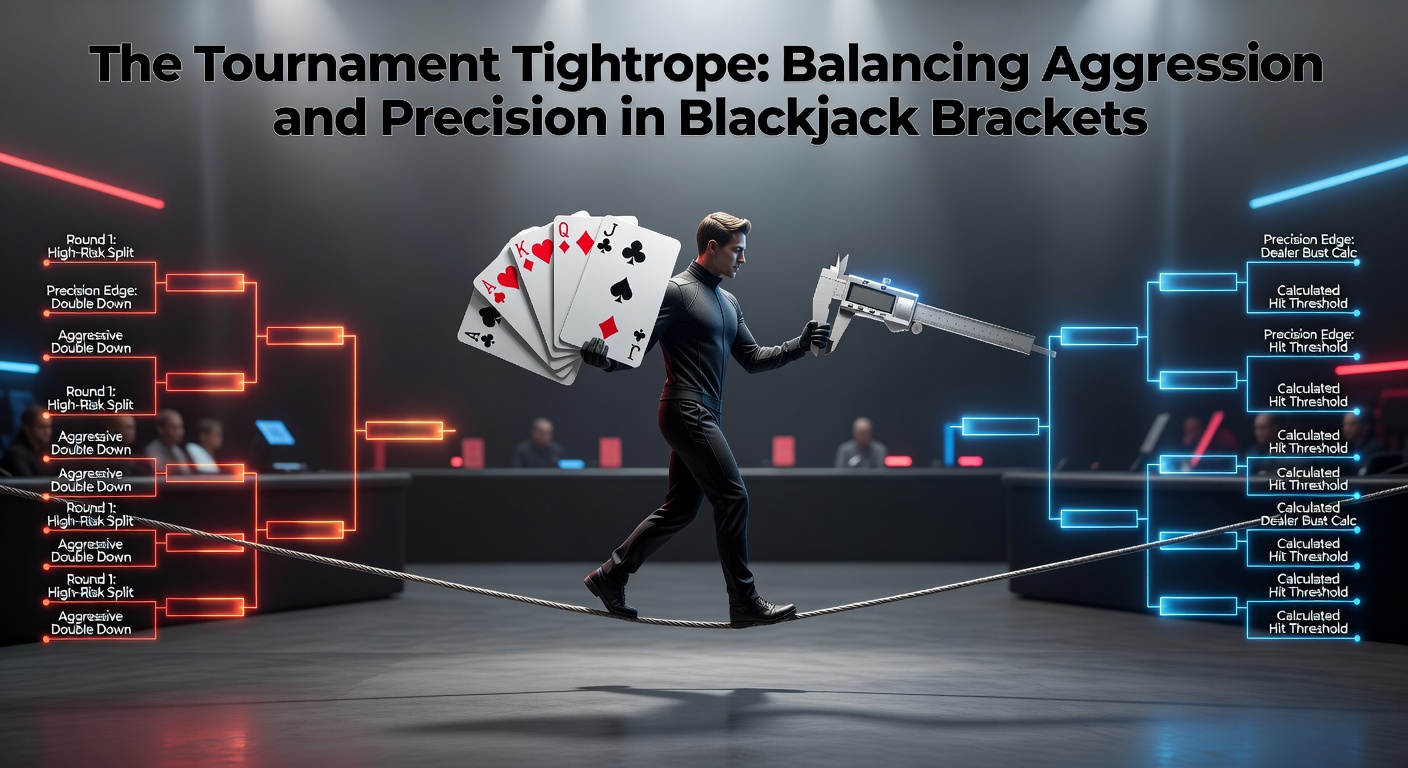 Spieler in einem intensiven Blackjack-Turnier, umgeben von Chips und Karten, balancieren Risiko und Strategie