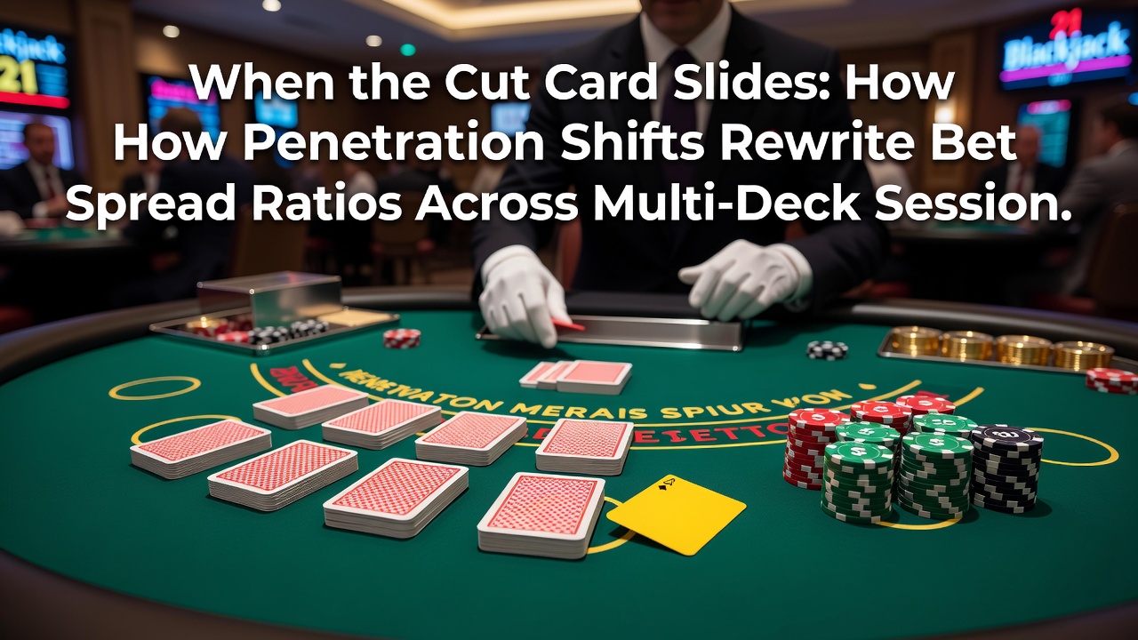 Detailansicht eines Blackjack-Schuhs mit Cut Card und Stapel von Spielkarten während einer Session